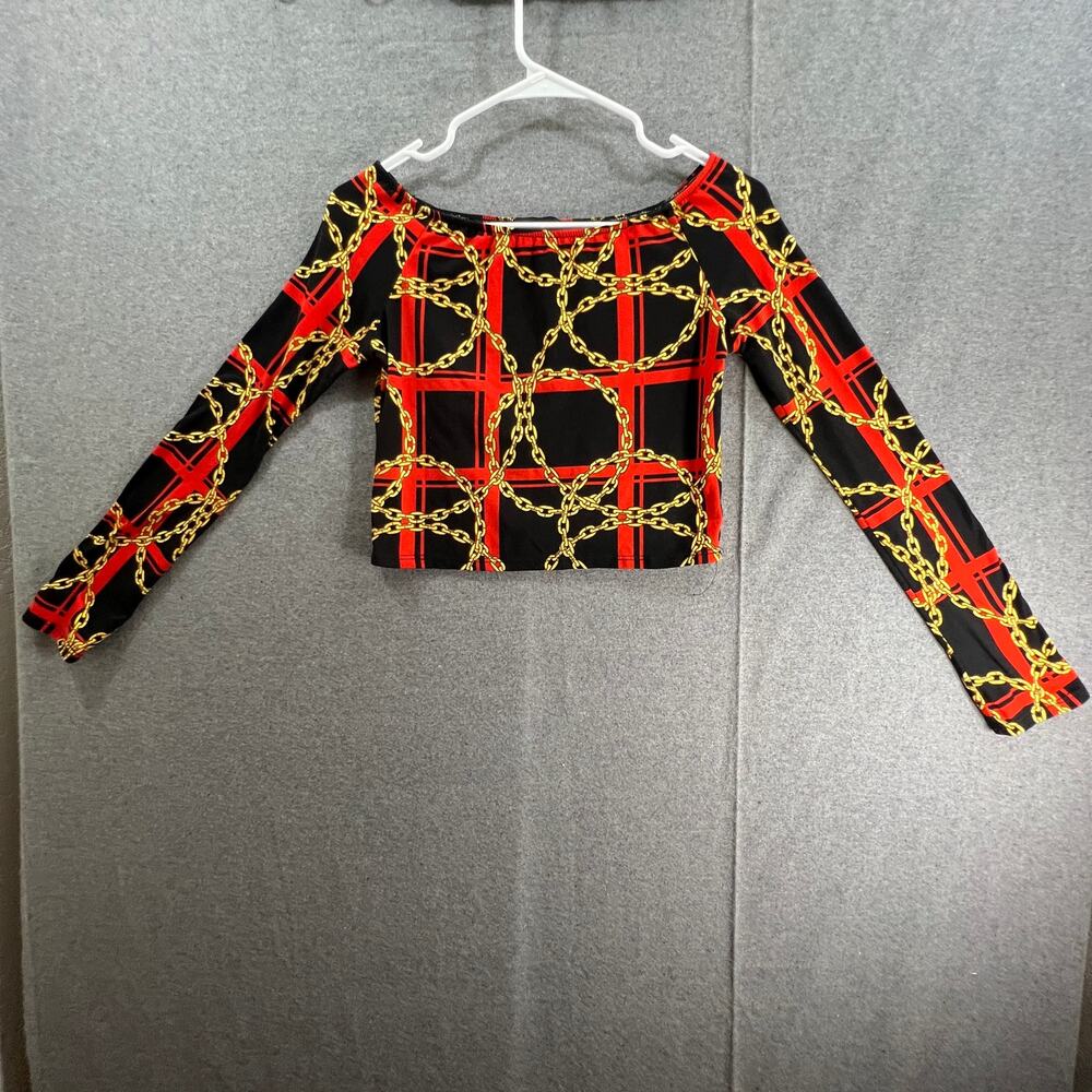 Poof Crop Top Women Size Small Long Sleeve Red Multicolor Shirt Ladies